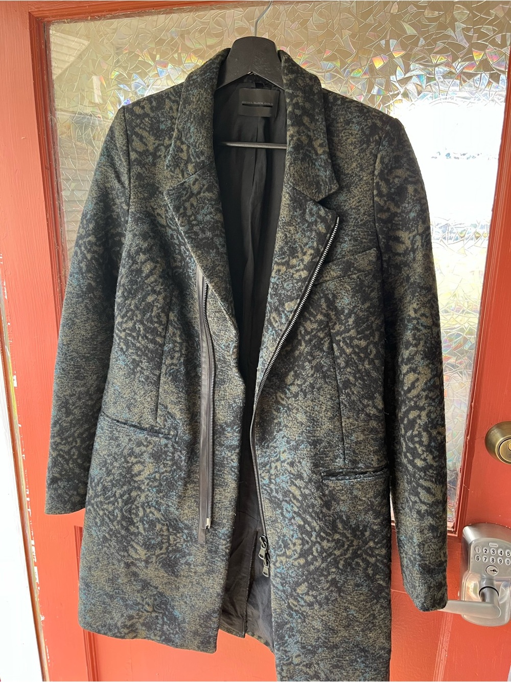Diesel Black/gold multi color wool  Blend Notch Collar Coat with leather trim